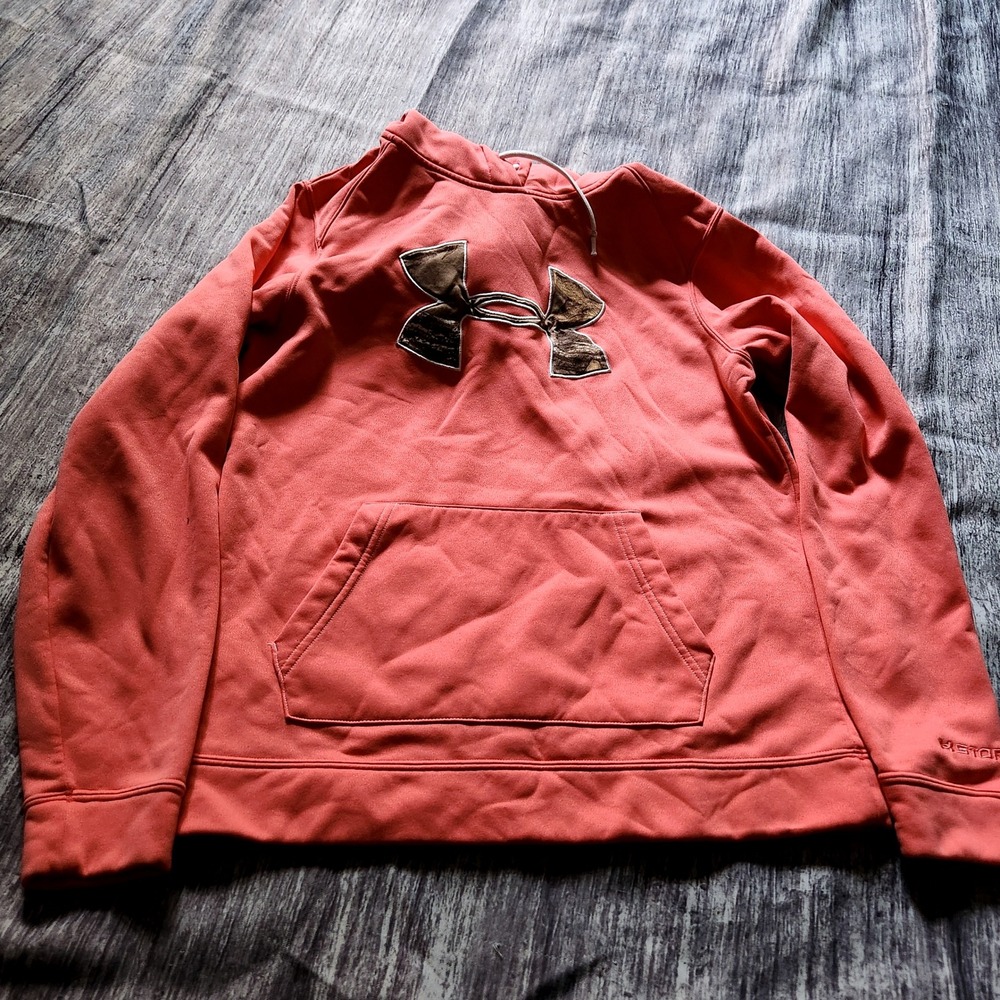 Under Armour Womens‎ Hoodie Sweatshirt Coral Pink Cold Gear Camo Logo Pullover